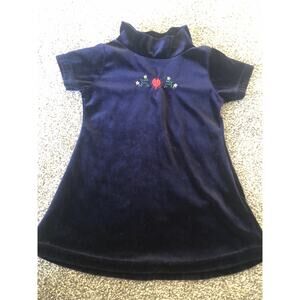 Vintage In Design Baby Velvet Dress Size 2T Navy Blue Embroidered Turtle Neck B1